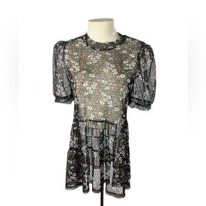Meraki sheer tulle top size M whimsygoth Black floral puff sleeve tiered